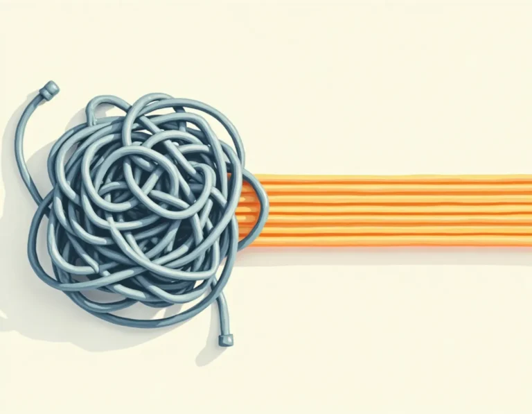 Tangled rope maze transitioning to organized parallel lines representing content planning chaos to automation clarity