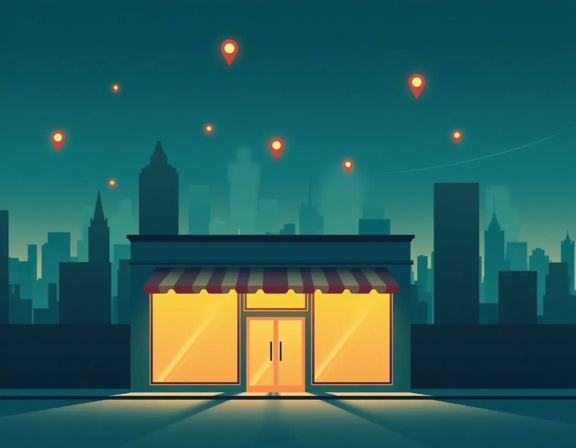 Illuminated storefront with location markers symbolizing Google Business Profile visibility in local search