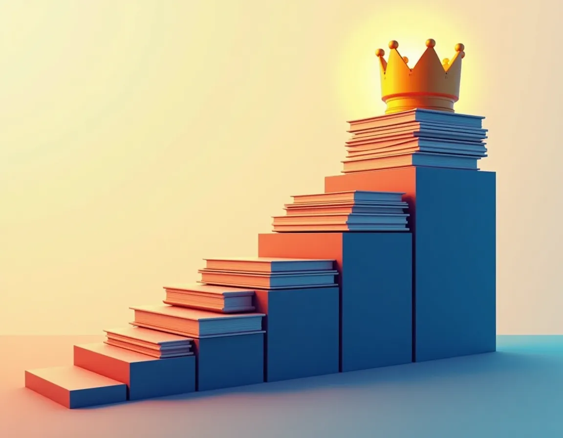 Ascending staircase of knowledge materials transforming into crown symbolizing brand authority through consistent publishing