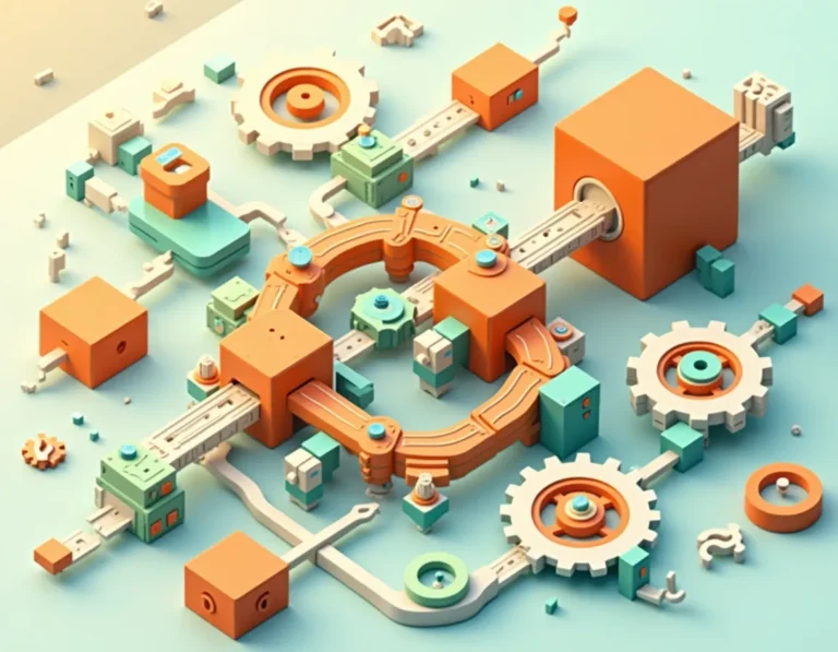 Isometric illustration of interlocking gears and geometric shapes representing automated content workflow systems