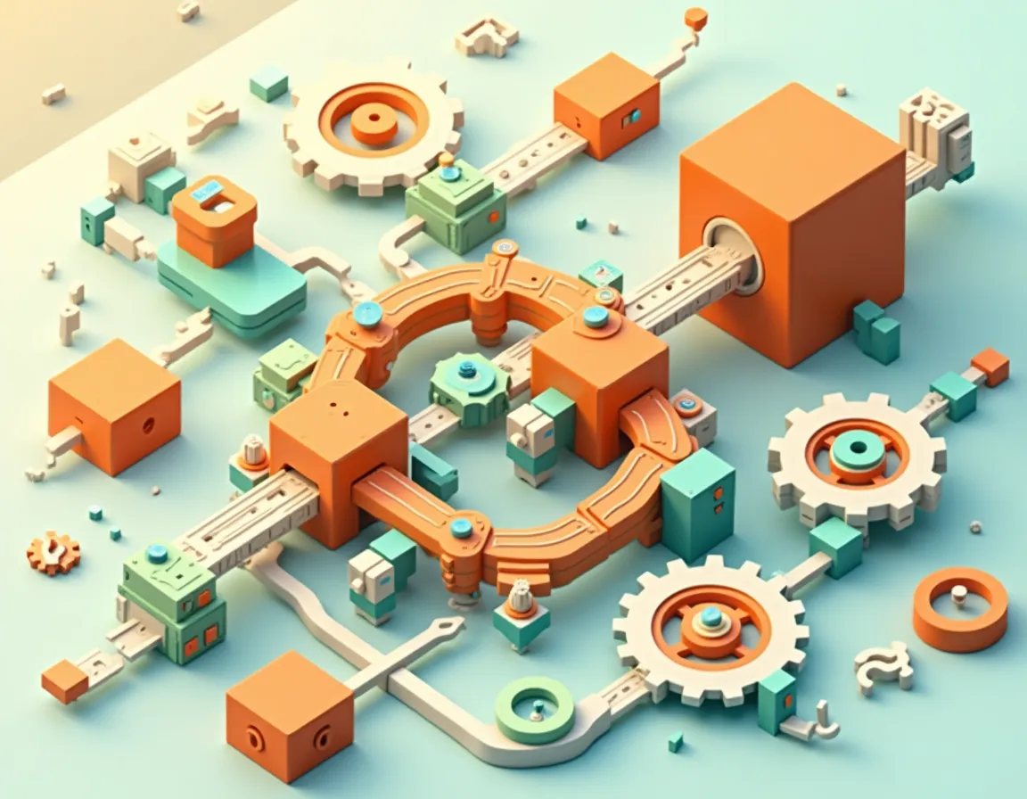 Isometric illustration of interlocking gears and geometric shapes representing automated content workflow systems