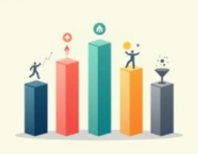 Five colored pillars representing distinct blog ROI measurement metrics with abstract symbolic elements