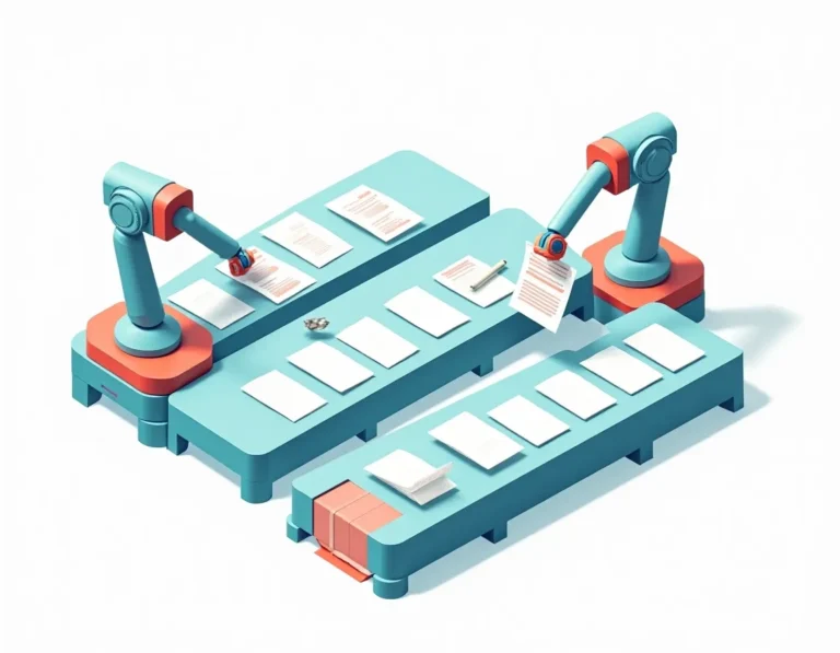 Automated conveyor system with robotic arms processing documents in an industrial assembly line workflow