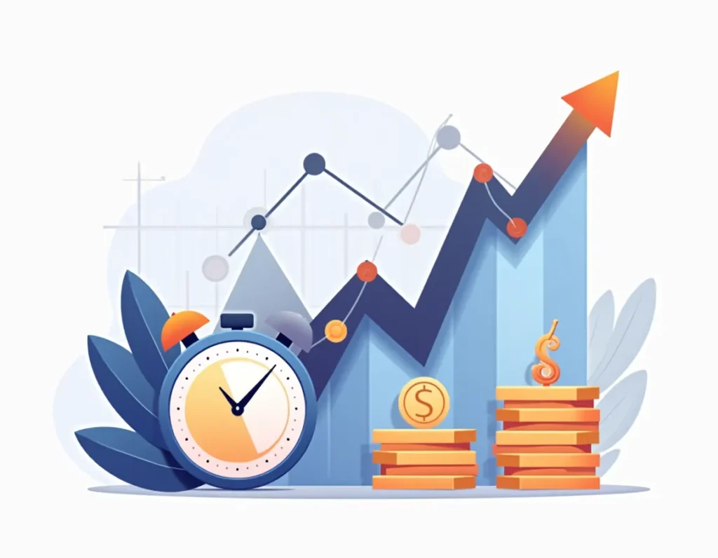 Four abstract visualizations representing core metrics: trends, conversion funnel, time measurement, and cost savings