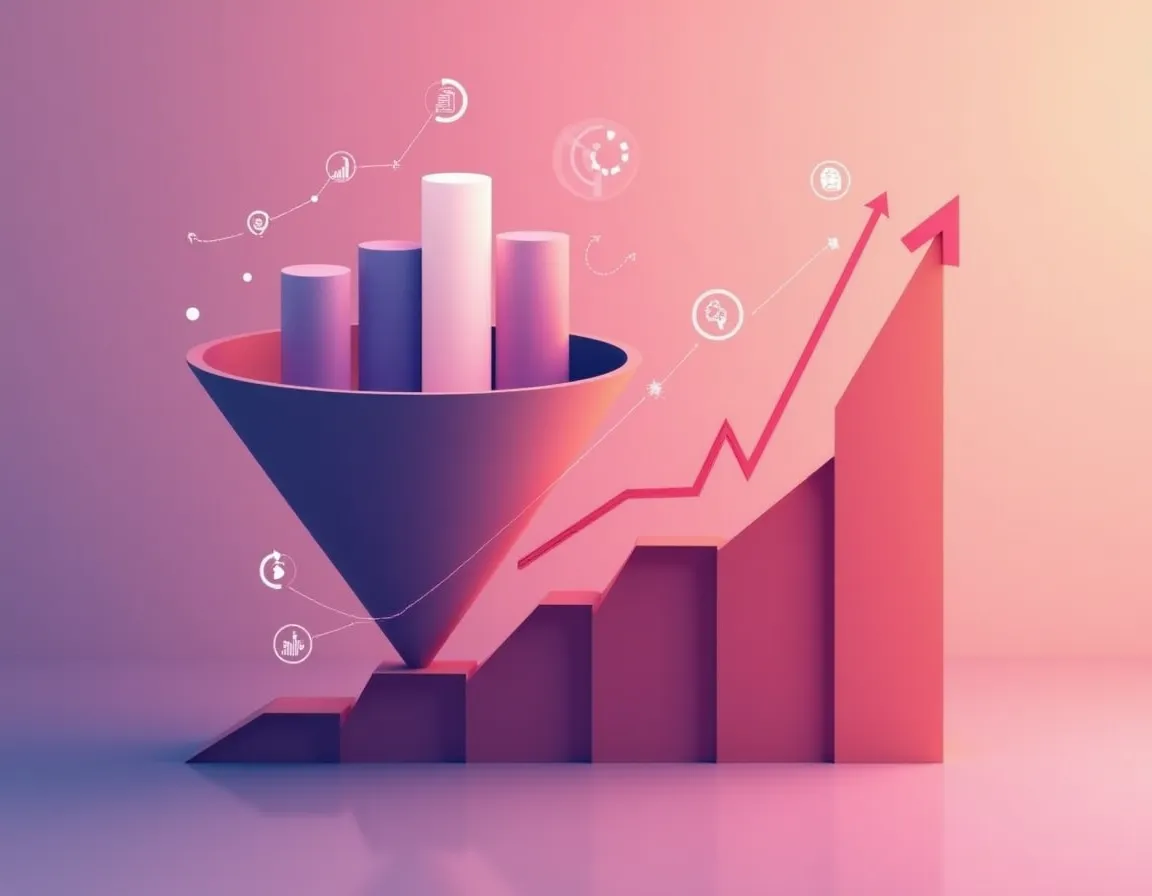 Abstract business funnel flowing upward into growth metrics and performance indicators