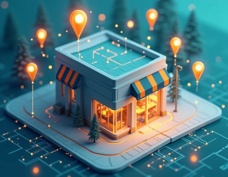 Local business storefront with network visualization showing digital connectivity and geographic authority markers