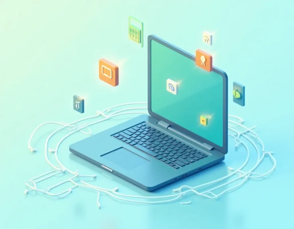 Workspace with laptop connecting to multiple social media platforms through flowing digital pathways