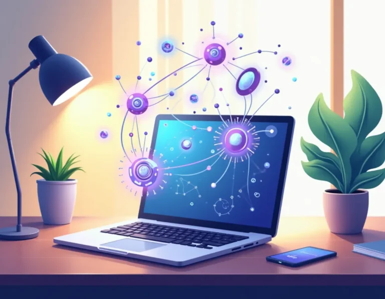 Laptop workspace with floating AI learning icons and neural network patterns representing Google's certificate program
