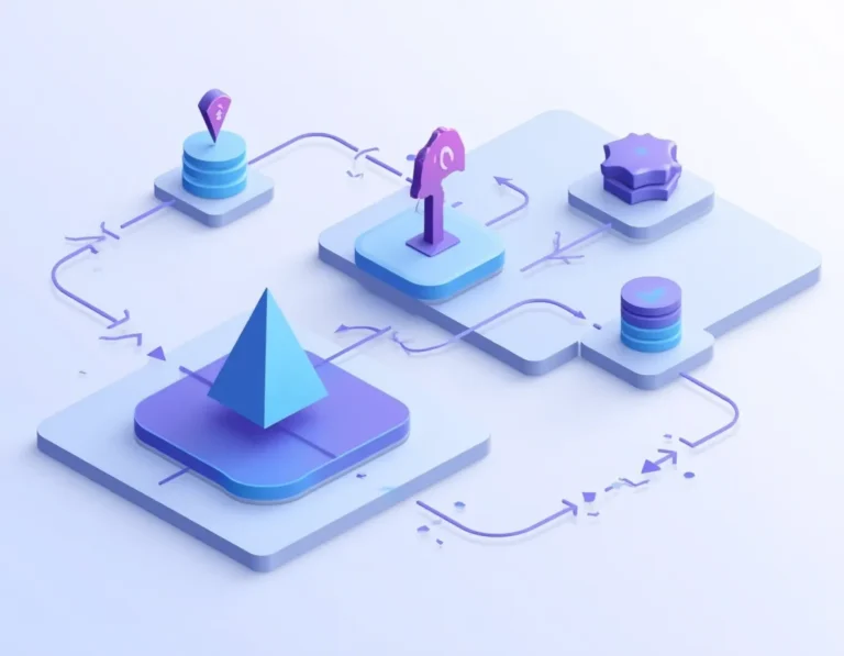 Abstract workflow diagram showing AI content automation process with connected nodes and directional flow