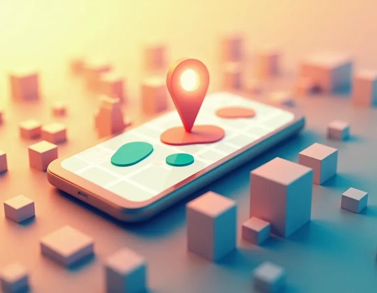 Smartphone displaying abstract map interface with location pin above geometric city buildings
