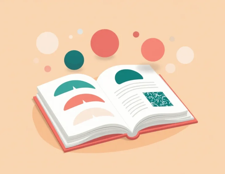 Open brand style guide displaying color swatches, geometric patterns, and visual design elements for content consistency