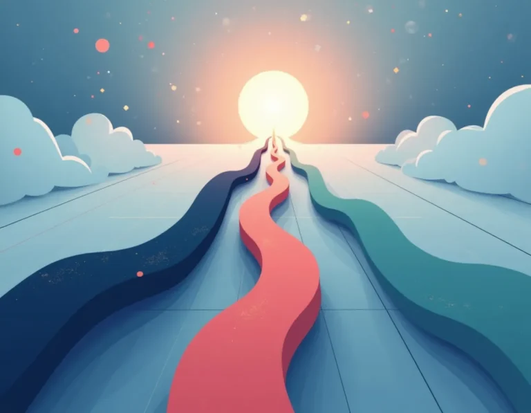 Three colored pathways converging to illustrate different attribution model approaches for tracking visitor journeys