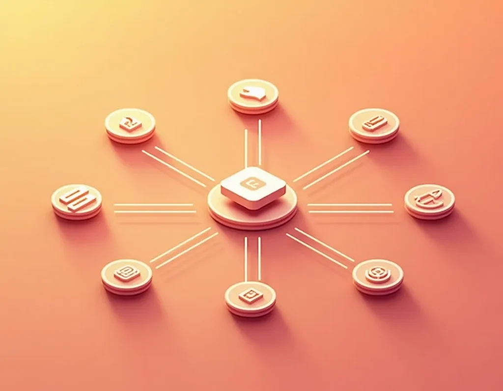 Content flowing from central hub through automated pathways to multiple social media platform symbols