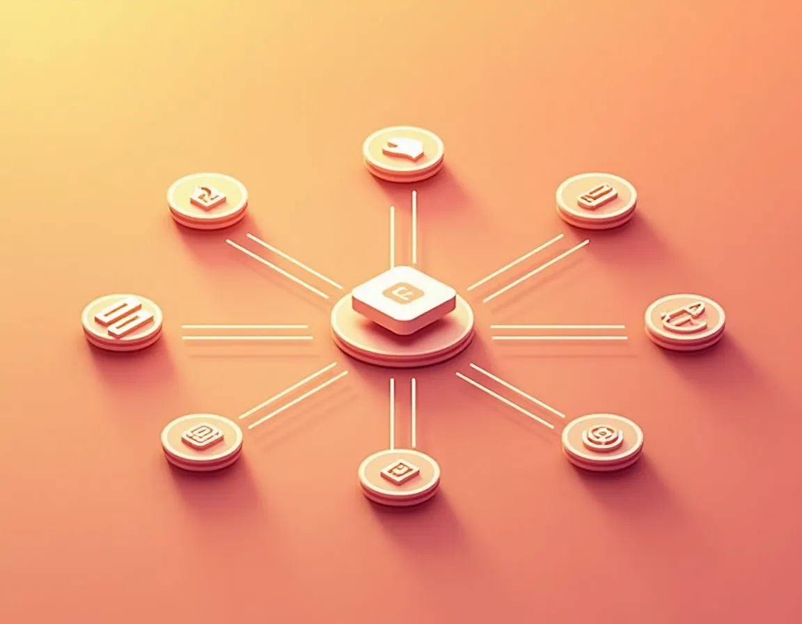 Content flowing from central hub through automated pathways to multiple social media platform symbols