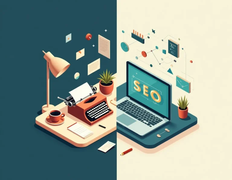 Split composition contrasting traditional typewriter writing workspace with modern digital SEO-focused content creation environment
