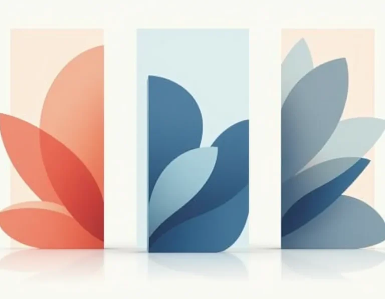 Abstract style panels showing color palettes and geometric forms transitioning between different brand voice approaches