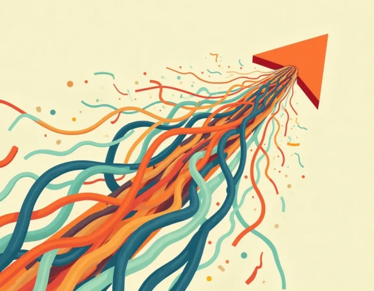 Single focused arrow splitting into chaotic tangled paths illustrating scattered blog topic strategy