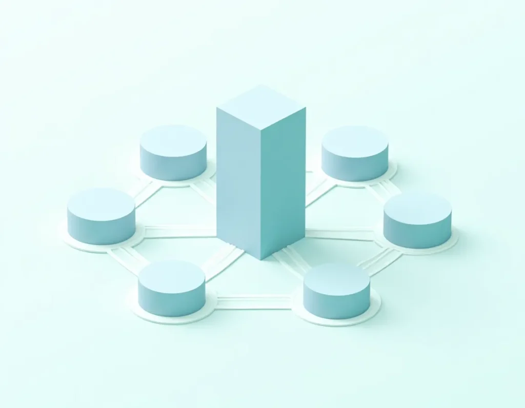 Hub-and-spoke content architecture with central pillar branching to topic clusters