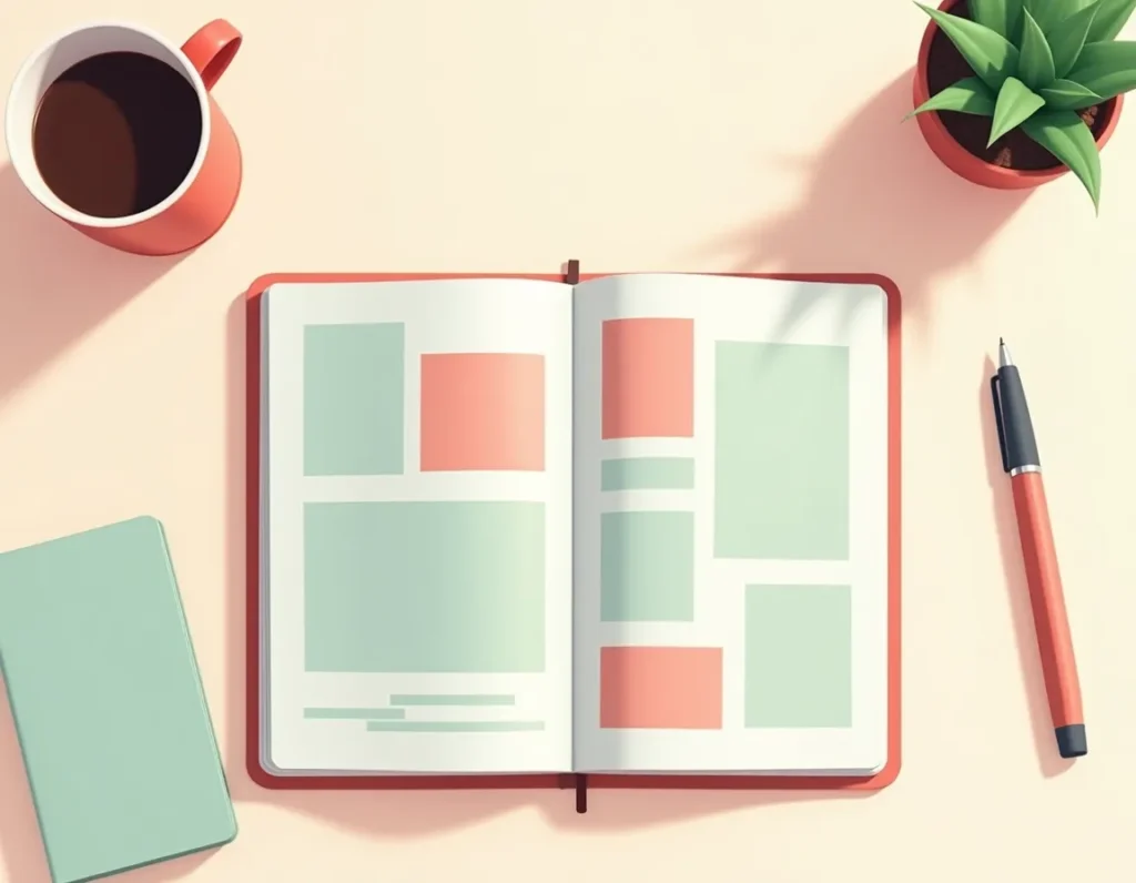 Overhead view of organized planner with color-coded content sections and workspace essentials