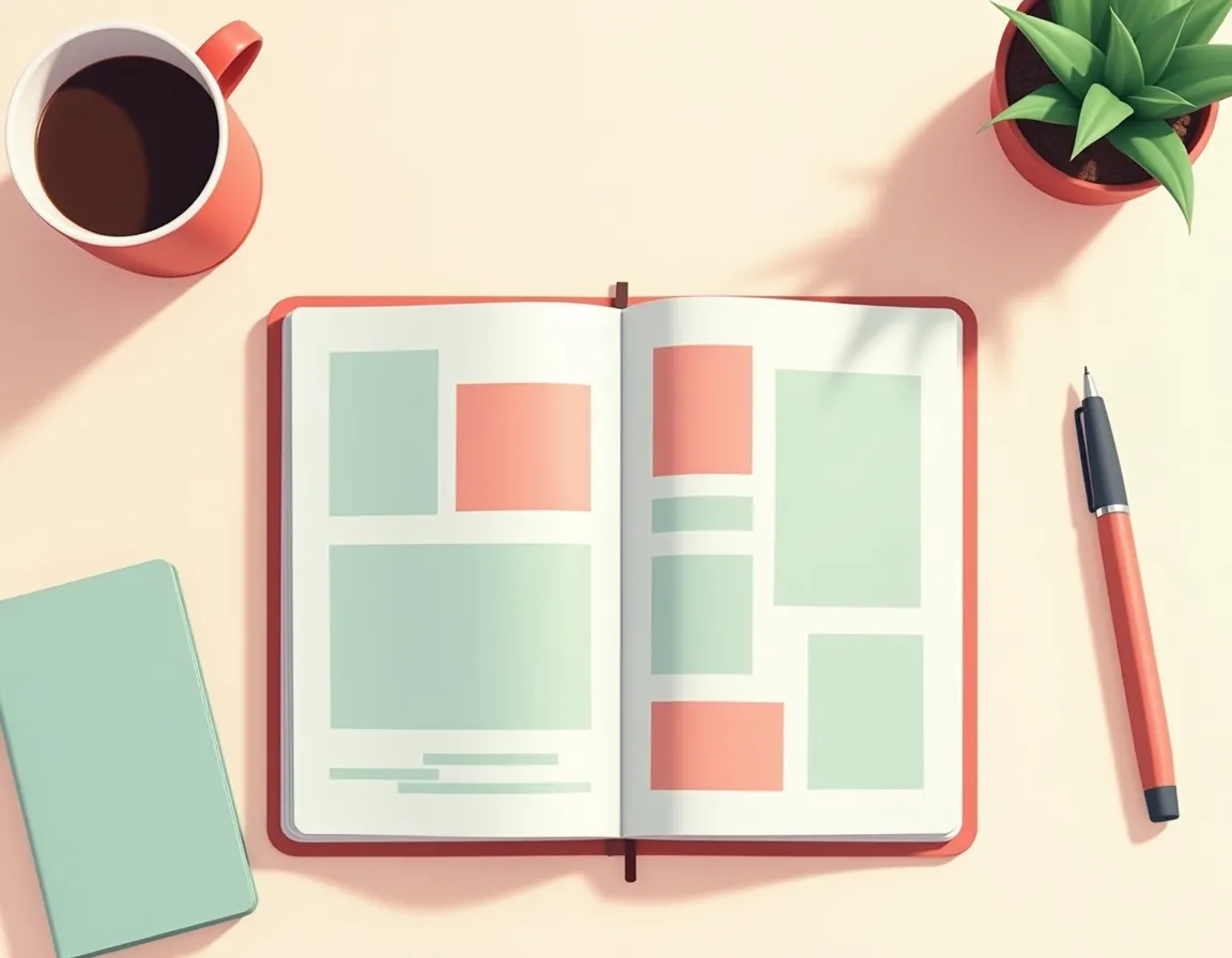 Overhead view of organized planner with color-coded content sections and workspace essentials