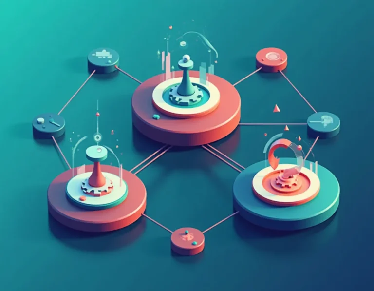 Three-tiered automation platform showing interconnected scheduling systems with gears and synchronized patterns