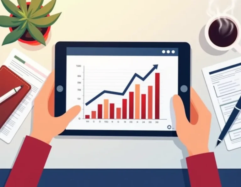 Real estate professional reviewing market analytics and client data on tablet at organized desk workspace