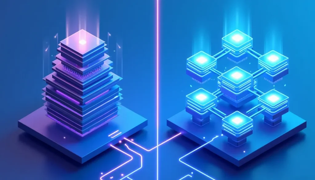 Monolithic CMS architecture compared to headless CMS decoupled architecture showing content distribution patterns