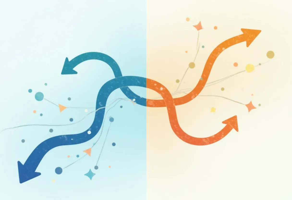 Single-touch versus multi-touch attribution models shown as contrasting flowing paths with interconnected touchpoints