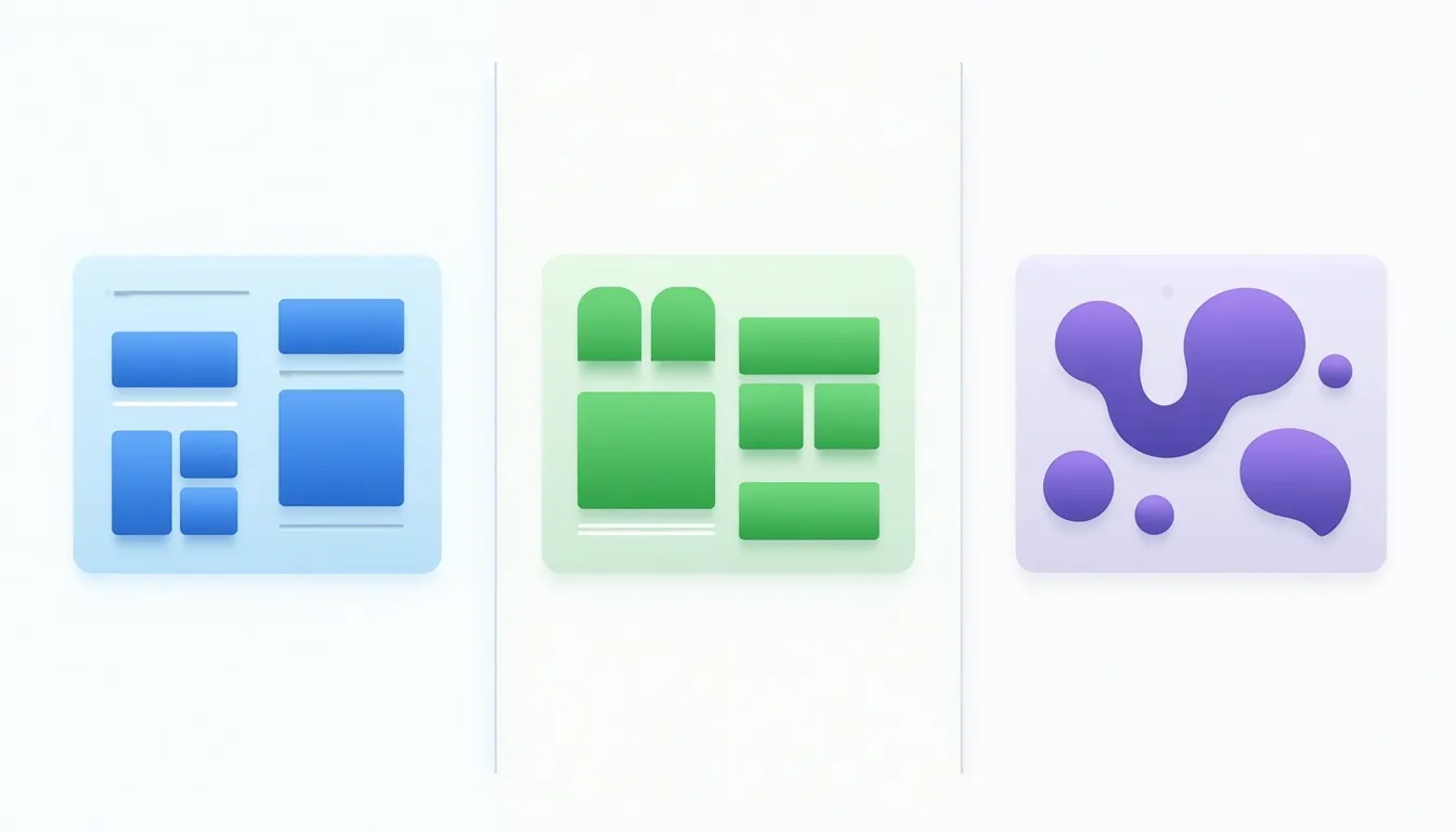 Three different CMS workspace layouts displayed side-by-side showing varying organizational approaches