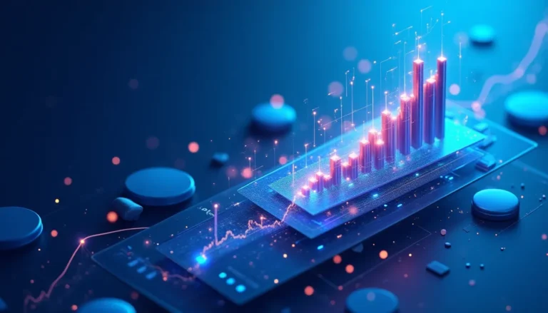 Abstract visualization of flowing analytics data represented by geometric shapes and glowing connections in blue tones
