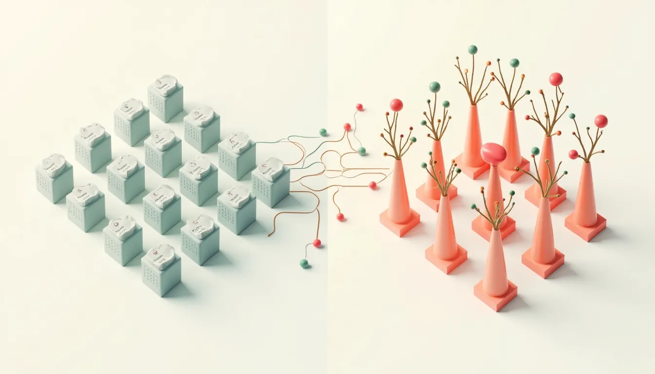 Rigid calendar grid transforming into flexible content pillar structure with organic connections
