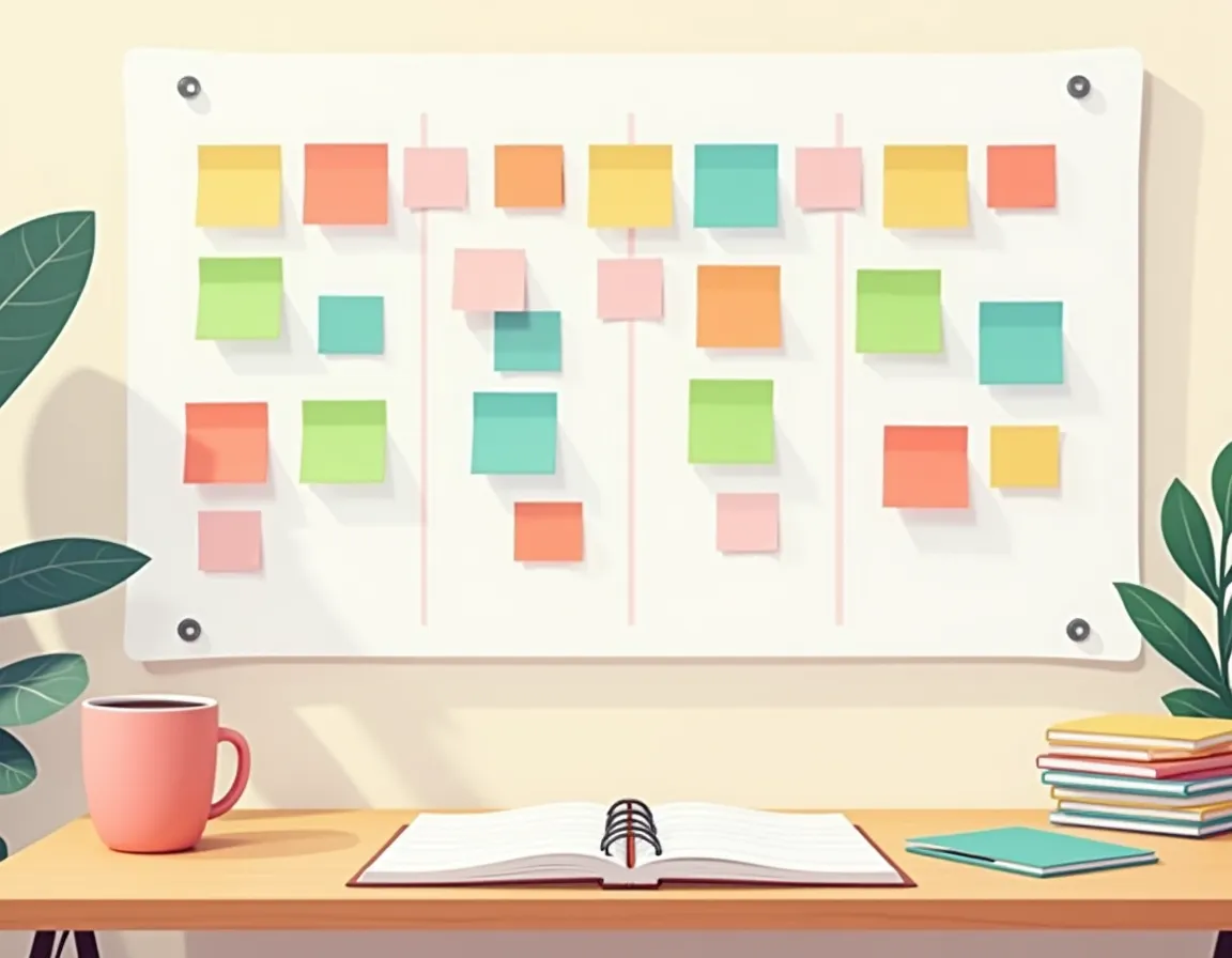 Organized content planning workspace with color-coded task cards arranged in systematic rows for editorial workflow