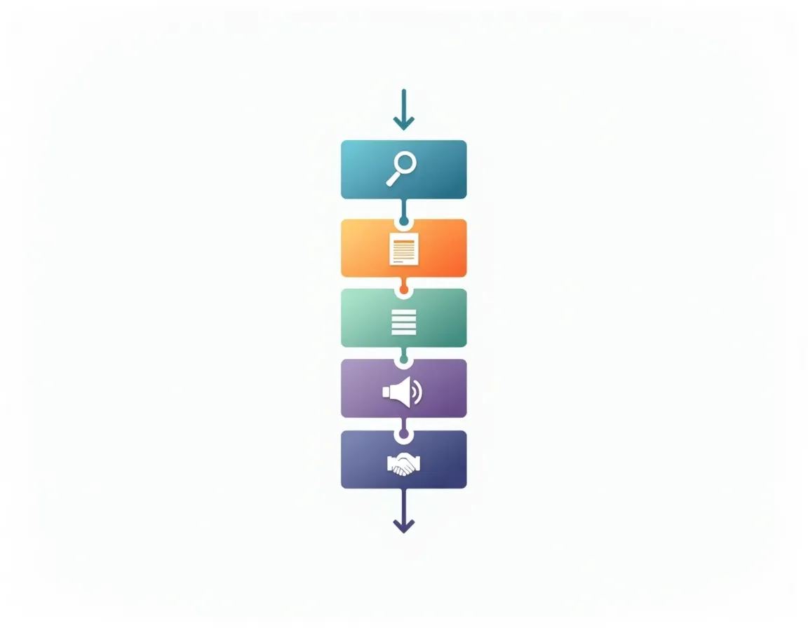 Vertical flowchart showing five-step blog post structure with colored blocks and simple icons