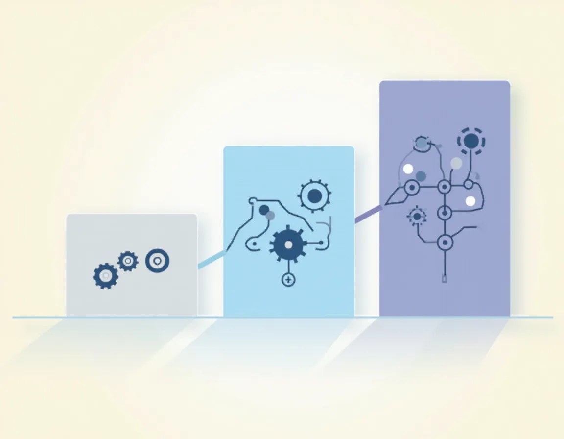 Three-tier diagram comparing automation levels in AI content tools from basic writing assistance to autonomous systems