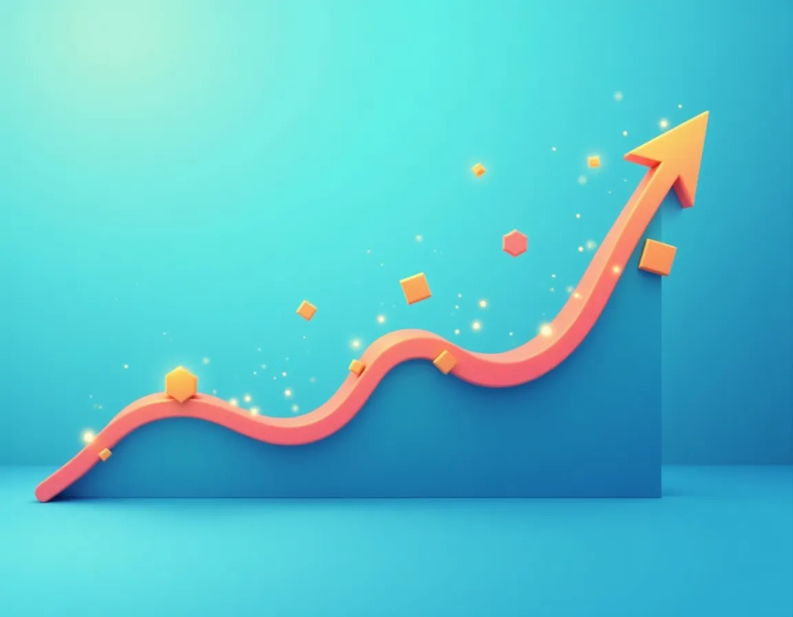 Upward trending analytics curve with abstract data points showing content performance growth metrics