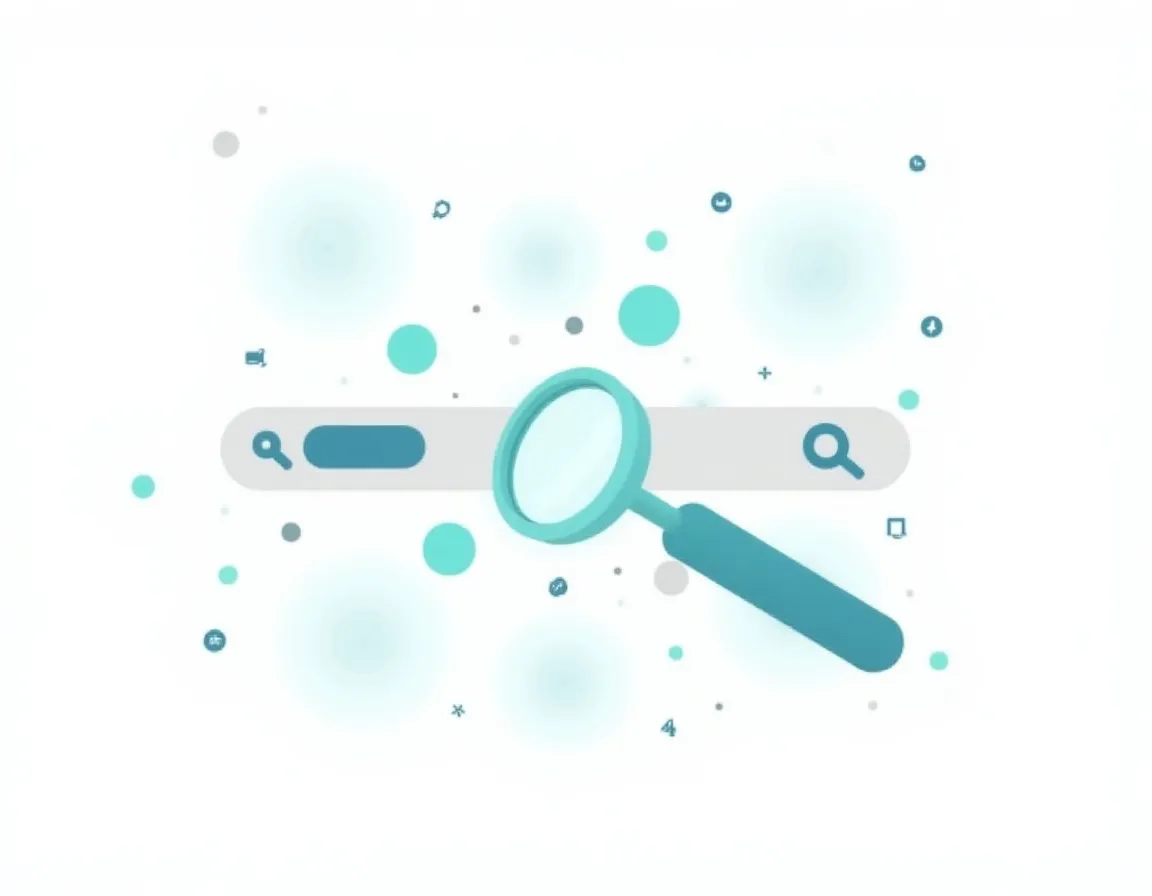 Magnifying glass analyzing search keywords with connected nodes showing search intent pathways for service businesses