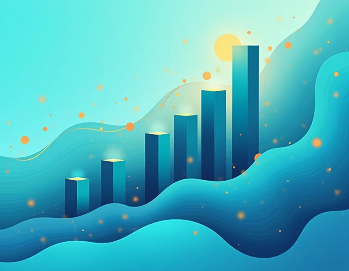 Abstract analytics visualization showing ascending metrics and performance trends in teal and navy geometric patterns