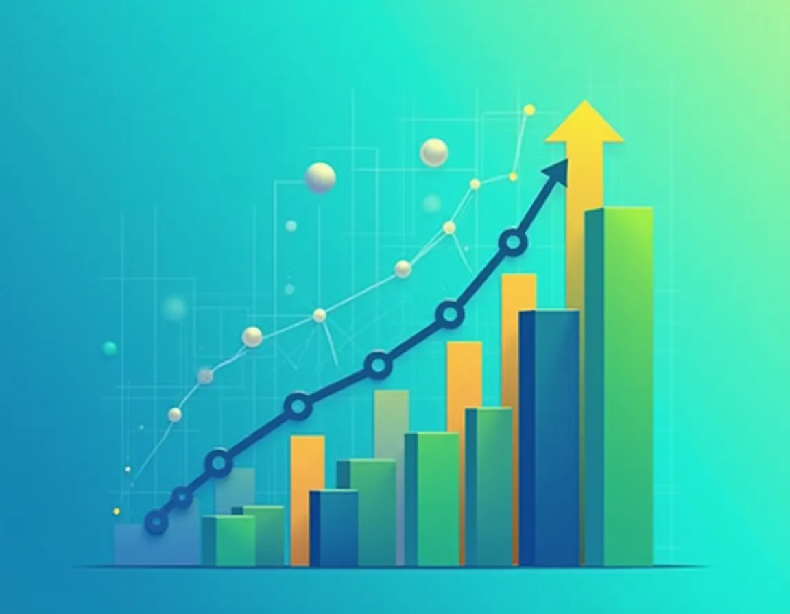 Ascending analytics charts showing content automation ROI metrics with upward growth trajectories and progress indicators