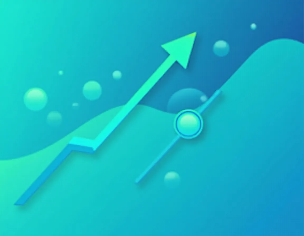 Abstract visualization of rising performance metrics and connected data points showing content marketing growth patterns
