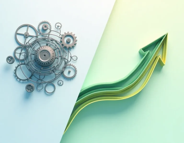 Split composition contrasting complex manual workflow mechanisms with streamlined automated publishing efficiency
