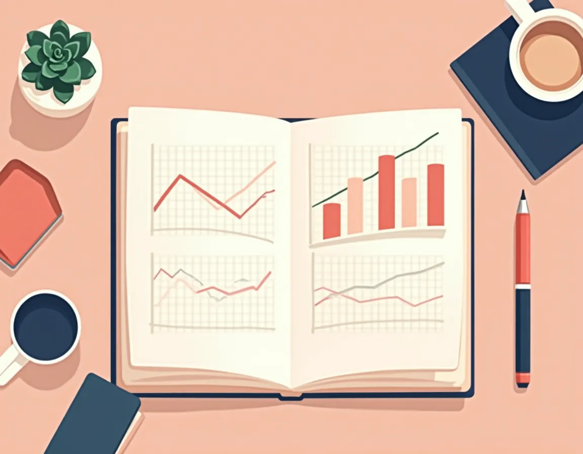 Overhead view of workspace with data charts and analytics graphs sketched in notebook surrounded by coffee and plants