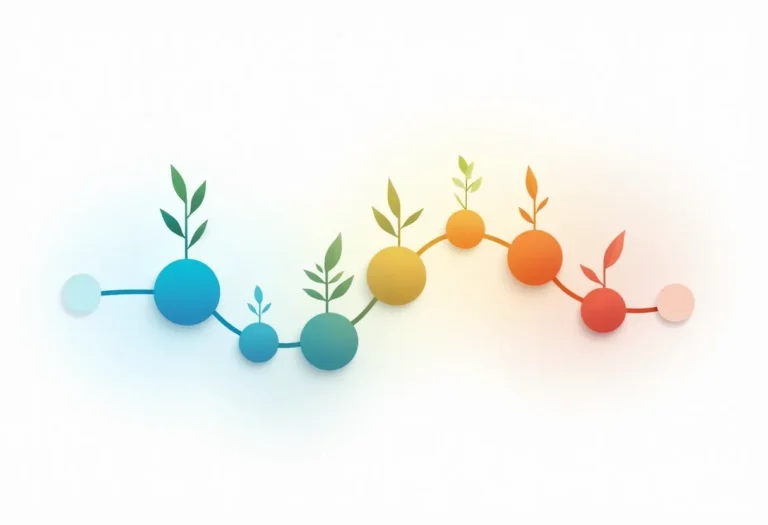 Timeline visualization showing publishing consistency impact through color-coded nodes and plant growth metaphors