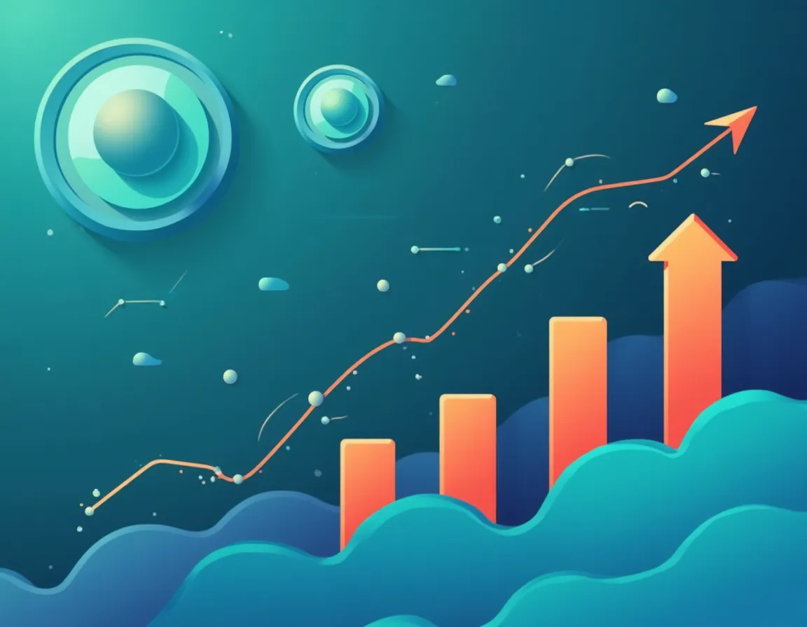 Abstract dashboard visualization showing upward trending SEO performance metrics with graphs and progress indicators