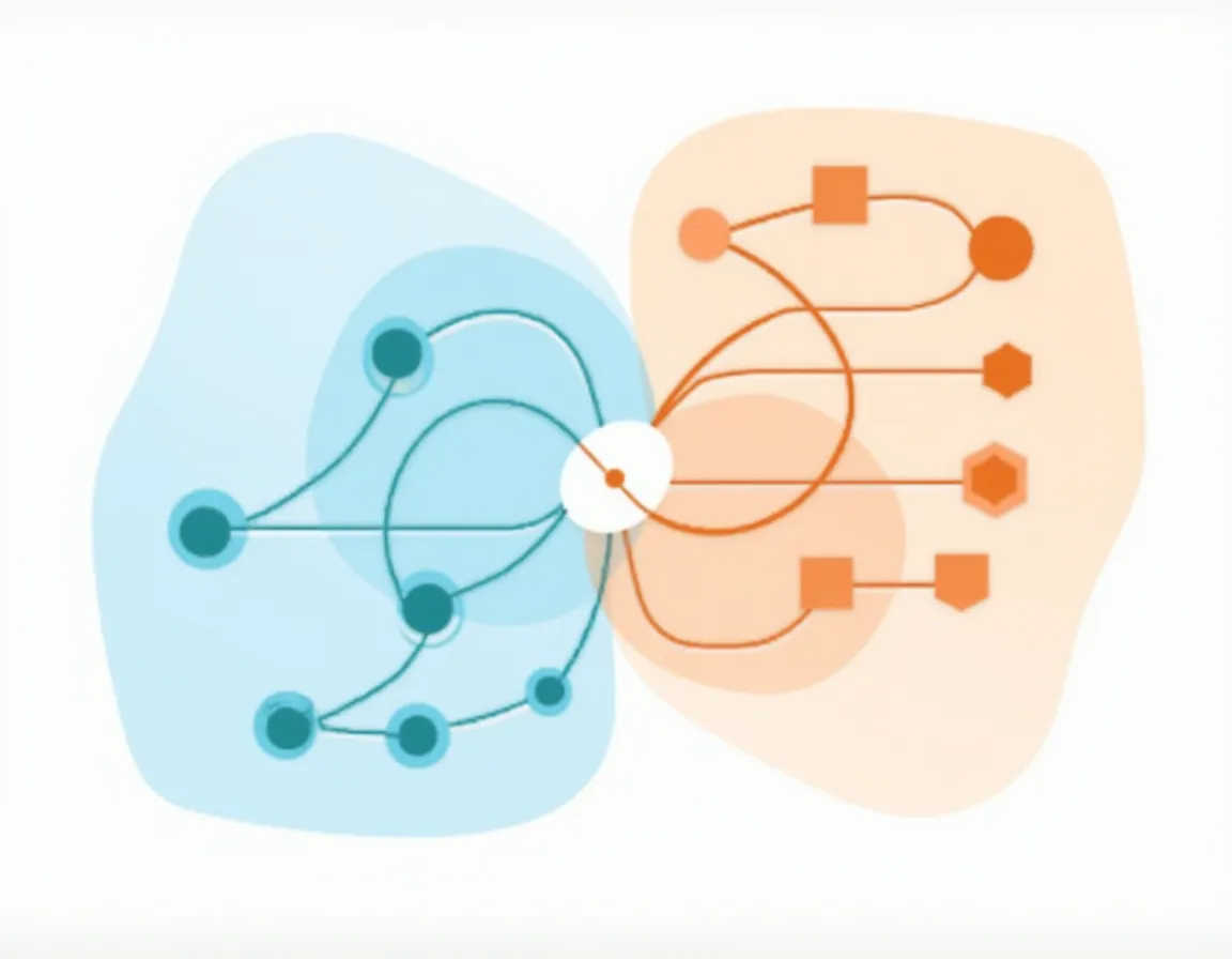 Split composition showing automated AI processes on left balanced with strategic human oversight on right