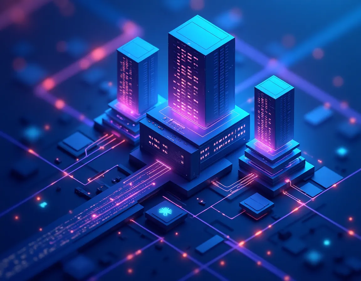 Isometric server infrastructure showing interconnected data pathways and technical architecture foundations