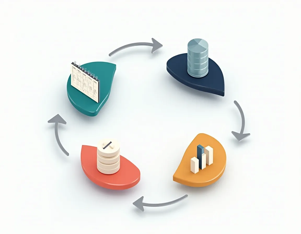 Four-part automated content marketing workflow system with interconnected calendar, automation, publishing, and analytics nodes