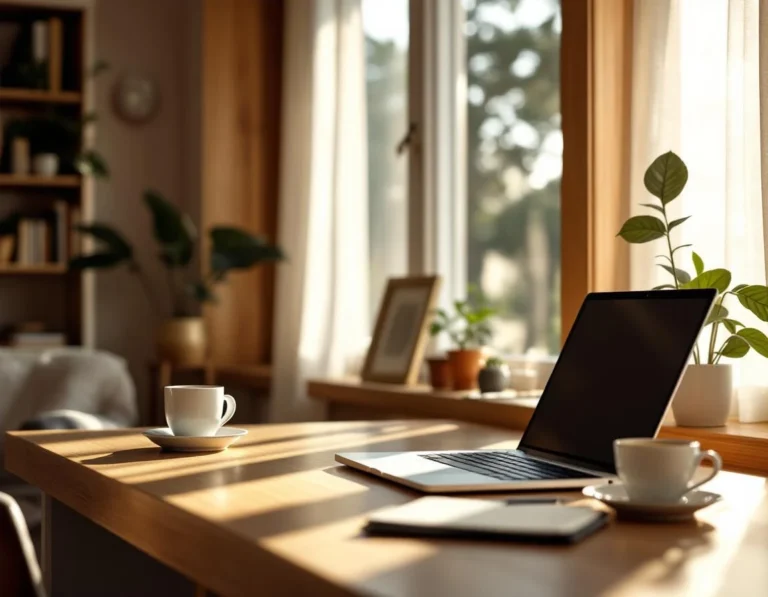 Modern workspace with laptop and coffee showing how digital tools reshape content creation workflows