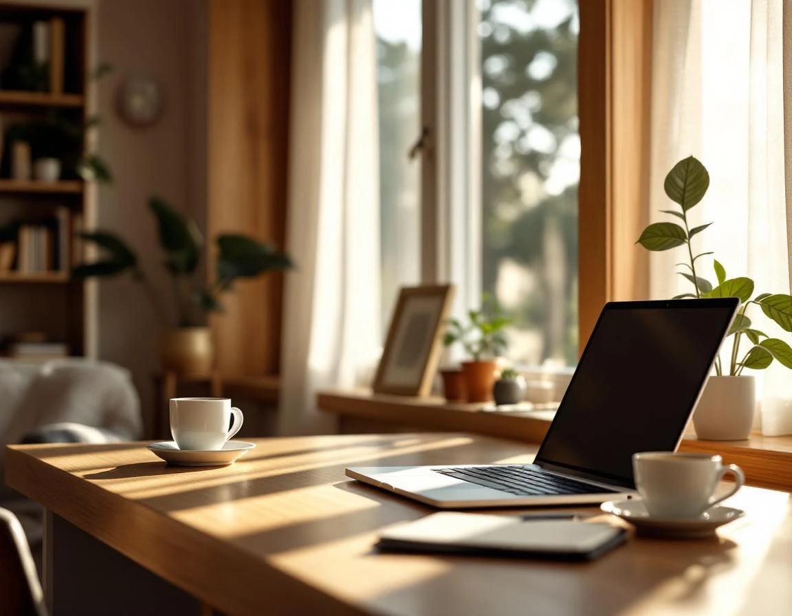 Modern workspace with laptop and coffee showing how digital tools reshape content creation workflows
