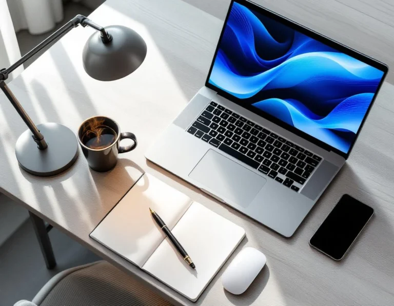 Overhead view of desk workspace with laptop, coffee, and notebook in professional office setting