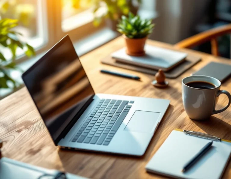 Professional workspace with laptop and coffee showing organized desk setup for modern service business operations